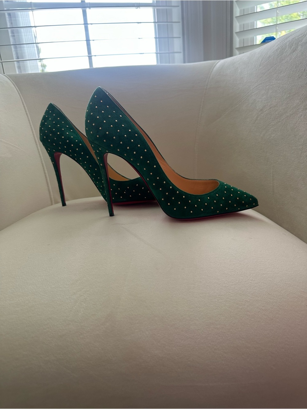 Christian Louboutin Emerald Green Suede Studded Pointed Pumps - Picture 4 of 4